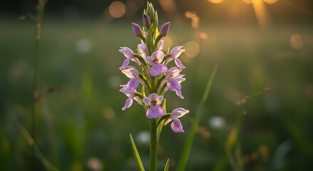 Wild orchid plant against warm sunset light in a natural outdoor environment