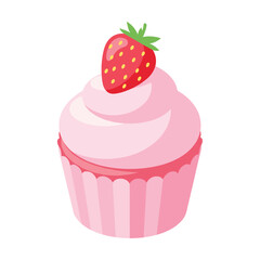 Sweet and charming pink cupcake with a fresh strawberry on top, a delightful dessert illustration perfect for celebrating special moments or satisfying a sugary craving, isolated on white