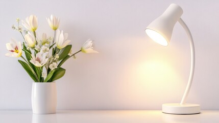 Bright desk lamp and fresh flowers create a calm workspace atmosphere