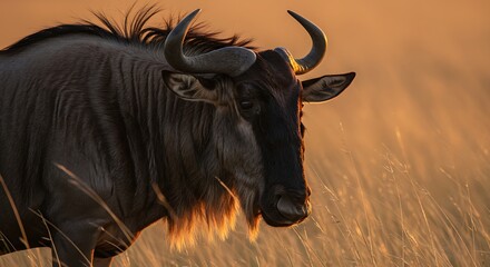 Wildebeest in sunlight african animal portrait horns natural habitat