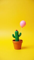 Whimsical Cactus with Balloon in Pot on Yellow Background
