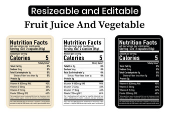 Juice and Vegetables Nutrition Facts Label , Editable Nutritiion Facts&ndash; Editable Food Nutrition Panel Template for Healthy Diet and Packaging Design