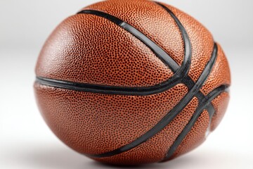 Fototapeta premium Close-up of a textured brown basketball with black seams on a plain white background showing detail of the ball's surface