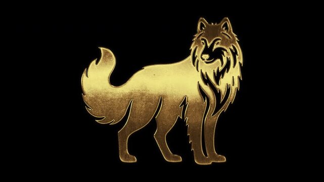 Wolf with slightly reflected outlines on a gold foil-like surface, loop, alpha channel

