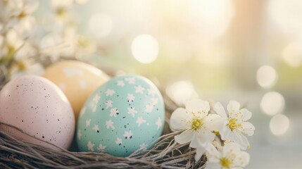 Fototapeta premium Colorful Easter eggs in a nest surrounded by soft flowers and sunlight