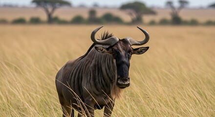 Wildebeest standing in a grassy field during daylight wildlife portrait