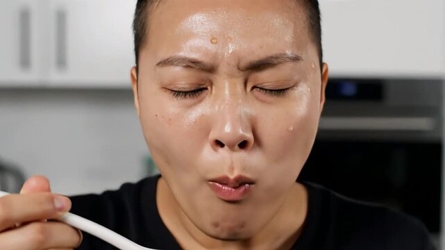 Close-up Person intensely tastes spicy or sour food sweat beading on their face with eyes closed experiencing a powerful flavor reaction while eating in a home 