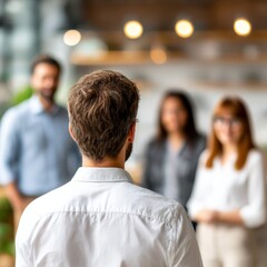 First-person perspective scene, over-the-shoulder view of a man wearing a white shirt, in a modern, organized workspace. The focus is on the man's shoulder and partial silhouette. In the blurred backg