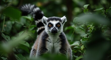 Obraz premium Ring tailed lemur portrait amidst lush green foliage and natural light