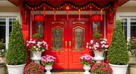 Festive red door adorned with chinese new year decorations and flowers