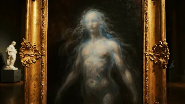 A slow zoom-in on a classical painting in an ornate gold frame reveals the subject to be a mysterious ghostly and ethereal figure.