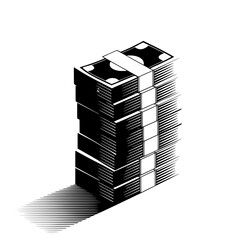 A tall stack of us dollar bills bound with a white paper band casting a long shadow isolated on white background isolated on transparent background