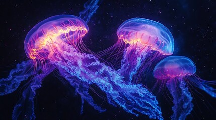Naklejka premium Glowing jellyfish swim in dark ocean; cosmic background; science, nature