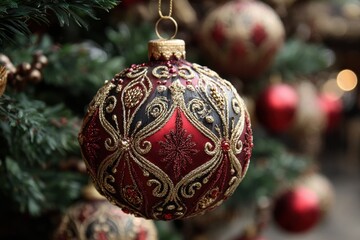 Close-up of a beautiful red and gold ornate bauble hanging on a Christmas tree, festive decoration for Christmas in December