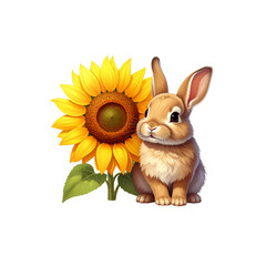 Sunflower with a cute rabbit sitting beside it, cartoon style, isolated vector illustration