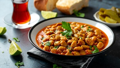 A plate of hearty beans in a vibrant sauce, accompanied by bread and tea