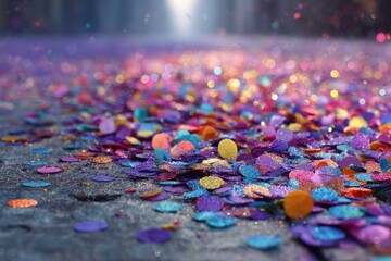 Glittery confetti falling and accumulating, creating texture and depth for a festive celebration, adding vibrant colors and a sense of joyous occasion