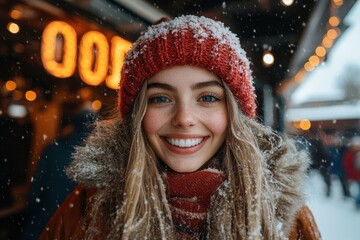 Woman in red hat and scarf smiles at camera.