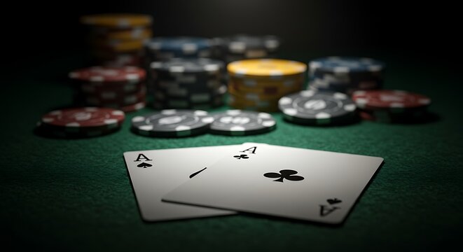 Poker game aces face up with chips in background for gambling concept