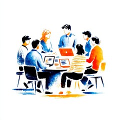 Flat illustration of several men and women sitting around a round table, discussing materials and computers in front of them, clear outlines, minimalistic style, limited color palette, white backgroun