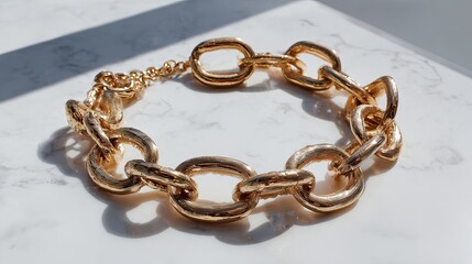 Fototapeta premium Elegant gold chain link bracelet displayed on a marble surface with soft shadows.
