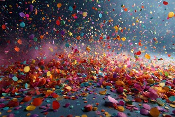 Glittery confetti falling and accumulating, creating texture and depth for a festive celebration, adding vibrant colors and a sense of joyous occasion