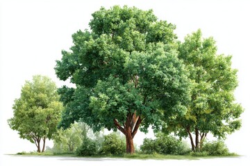 Lush green tree stands tall in a grassy field with other trees in the background during a bright day, creating a natural scene
