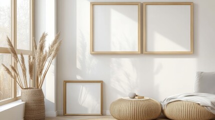 four pieces blank frame square mock up, hanging on a minimalist wall, in a wooden frame, in a minimalist kids room
