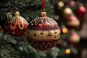 Close-up of a beautiful red and gold ornate bauble hanging on a Christmas tree, festive decoration for Christmas in December