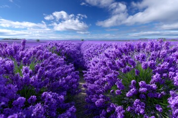 Obraz premium Lavender fields bloom under a bright blue sky with scattered clouds in summertime