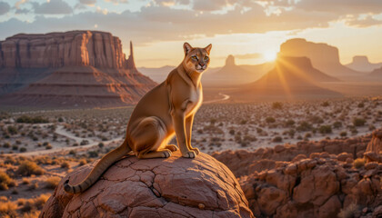 Majestic Puma, Cougar or Mountain Lion (Puma concolor)  Perched on a Rock in Monument Valley at Sunset