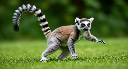 Obraz premium Ring tailed lemur walking on grass in natural outdoor environment