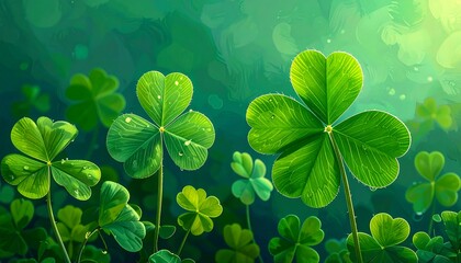 An illustration featuring lush green three-leaf clovers, bathed in a gentle, sunlit glow with a soft background of light green bokeh
