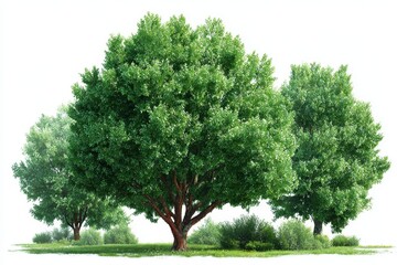 Lush green tree stands tall in a grassy field with other trees in the background during a bright day, creating a natural scene