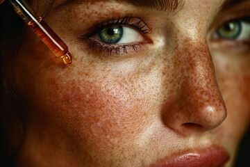 Close Up of Woman's Face with Freckles Receiving Dark Serum Treatment from a Pipette Dropping Liquid onto Skin Around Eye