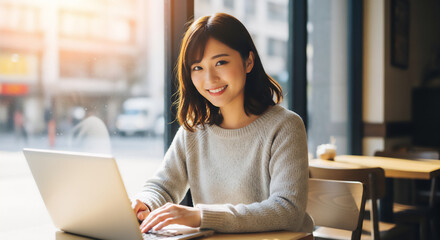 カフェで仕事や勉強をする若い女性のライフスタイル