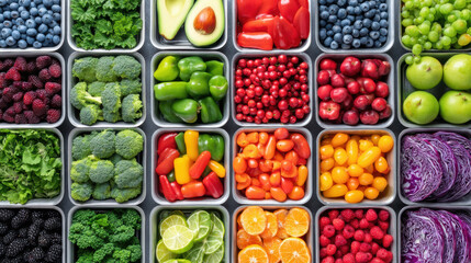 Vibrant assortment of fresh fruits and vegetables, including blueberries, avocados, peppers, and citrus, arranged in square containers