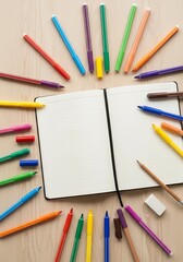Creative workspace inspiration with open notebook and colorful marker set