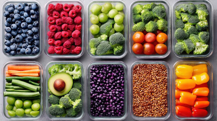Variety of fresh fruits and vegetables in clear containers including blueberries raspberries broccoli tomatoes carrots avocado and peppers