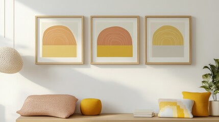 four pieces blank frame square mock up, hanging on a minimalist wall, in a wooden frame, in a minimalist kids room