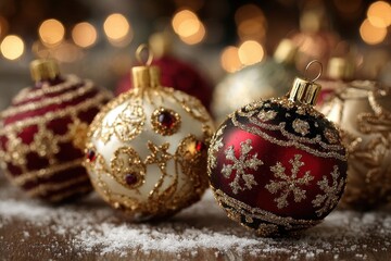 Close-up of a beautiful red and gold ornate bauble hanging on a Christmas tree, festive decoration for Christmas in December