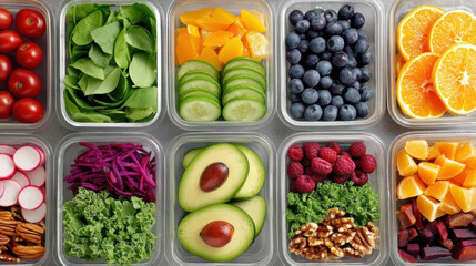 Variety of fresh fruits and vegetables containers including tomatoes spinach cucumbers blueberries oranges radishes cabbage avocados raspberries