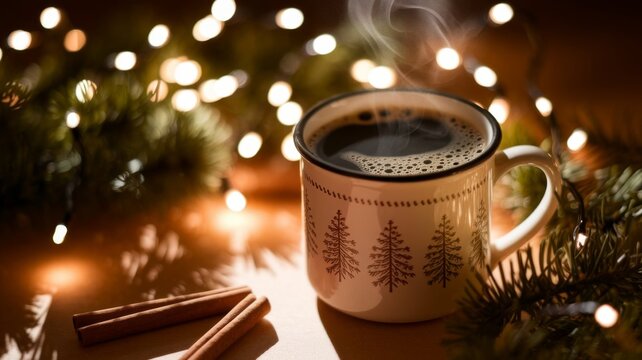 Cozy hot coffee in festive lights - Powered by Adobe