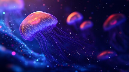Glowing jellyfish underwater, ocean fantasy, digital art, background sparkles, screen wallpaper