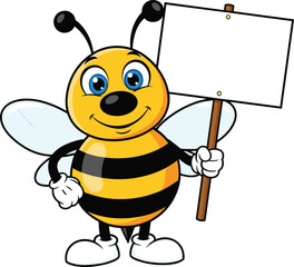 Cartoon bee character holding blank sign, smiling insect mascot, cute vector illustration, advertising concept, cheerful bug, promotional design element