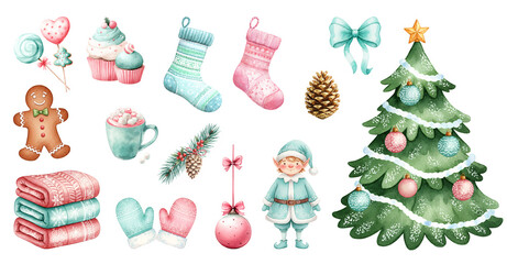 A set of Christmas watercolor illustrations for scrapbooking, stickers, invitations, and greeting cards.