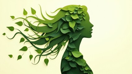 Woman with green hair and leaves, environmental concept