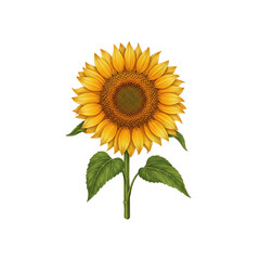 Fototapeta premium A beautiful bright yellow sunflower with green leaf and stem, isolated on a white background