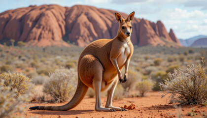 A large, robust adult Red Kangaroo with a distinctive reddish-brown coat and a muscular build, standing in the rugged yet picturesque landscape