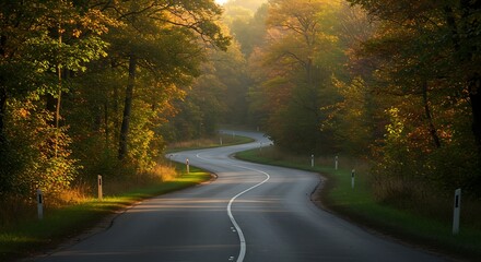 Winding road through autumn forest with sunlight and natural scenery